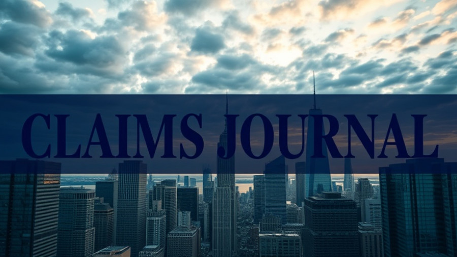 Claims Journal skyline over modern city with dramatic clouds.