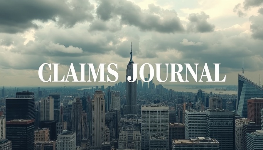 Modern city skyline with Claims Journal overlay.