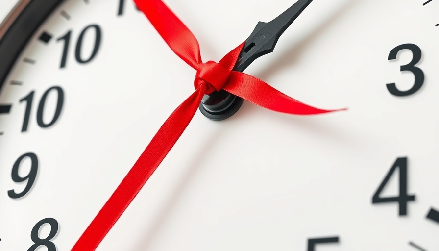 Close-up of clock with red ribbon symbolizing urgency and time.