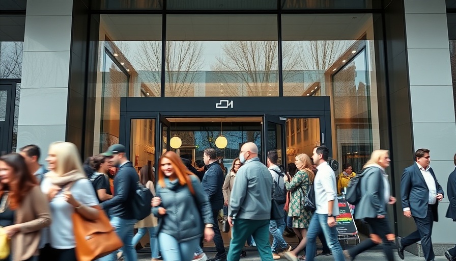 Dynamic crowd outside modern glass store reflecting urban life, insurance claim process.