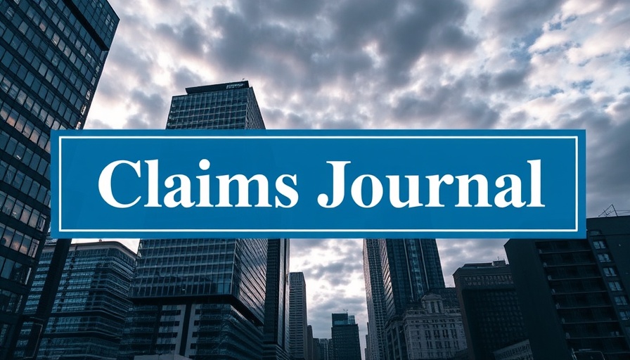 Urban skyline with Claims Journal text for insurance claims process.