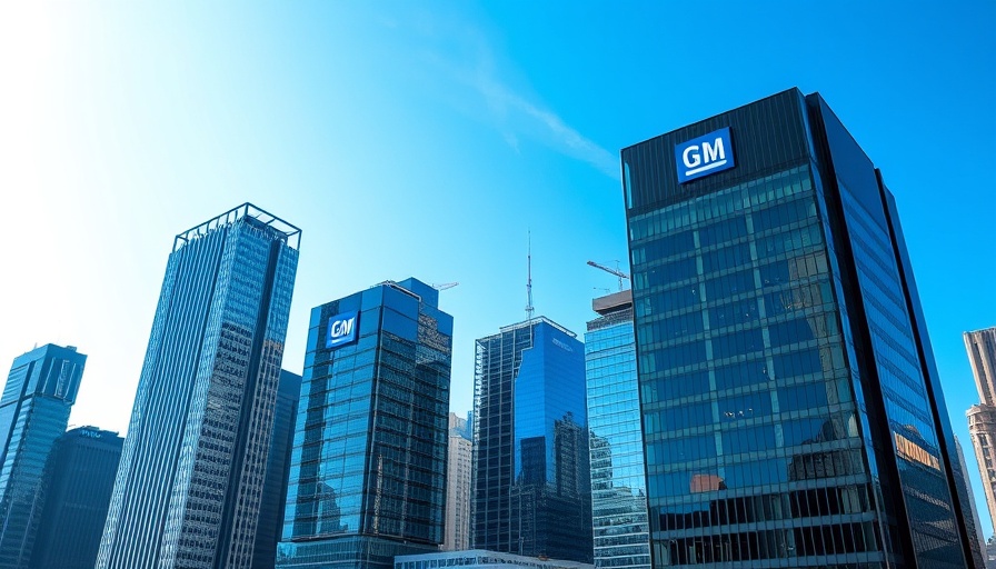GM building part of energy storage systems partnership in urban skyline.