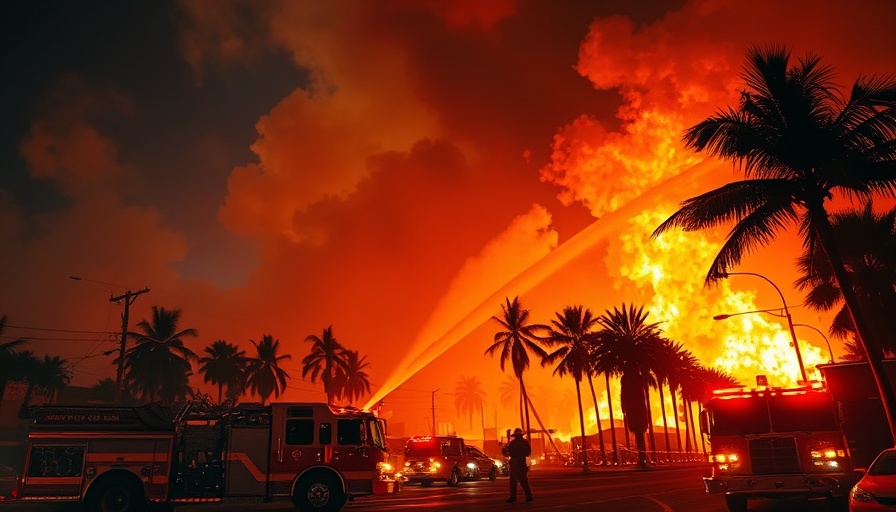 Firefighters combat intense wildfire in California, night scene.