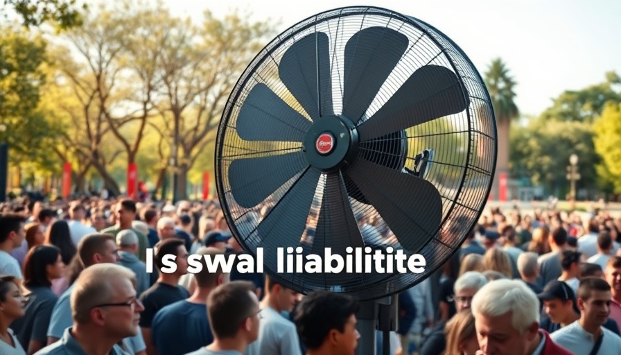Outdoor fan cooling crowd emphasizing heat-related injury liability claims.