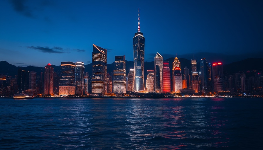 City skyline reflecting on the water under twilight.
