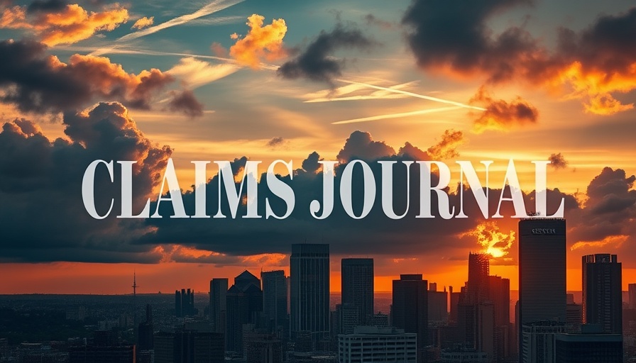 Urban skyline with 'Claims Journal' overlay at sunset.