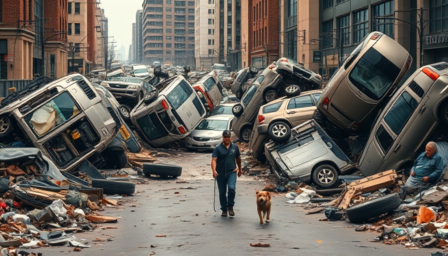 Severe storm aftermath on urban street with cars and debris.