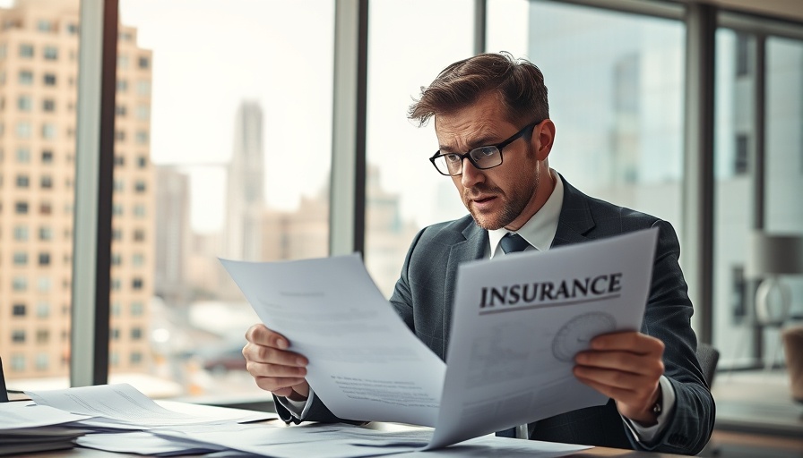 Frustrated businessman handling insurance claim disputes in office.