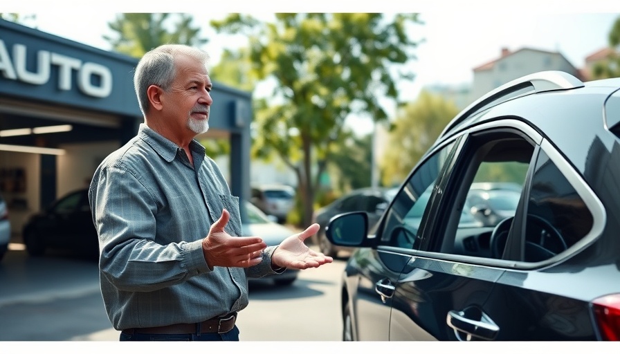 Man gestures toward car during safety inspection uncovering improper repairs.