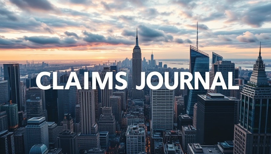 Skyscrapers with 'CLAIMS JOURNAL' text overlay, insurance claims process.
