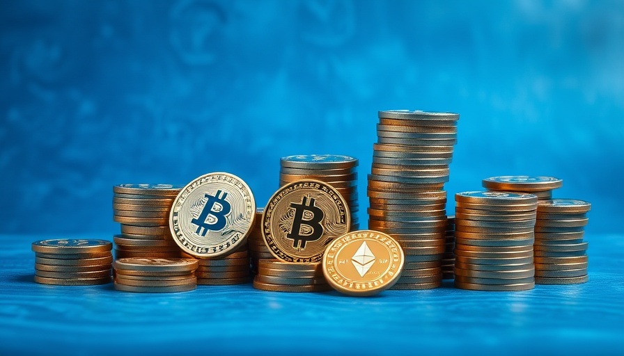 Stack of cryptocurrency coins on blue background representing digital finance.