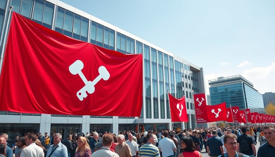 UBS banners with crowd outside building, sunny day.
