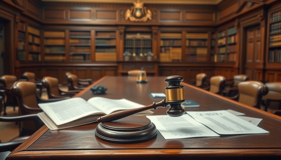 Courtroom scene with gavel and documents, symbolizing legal proceedings.