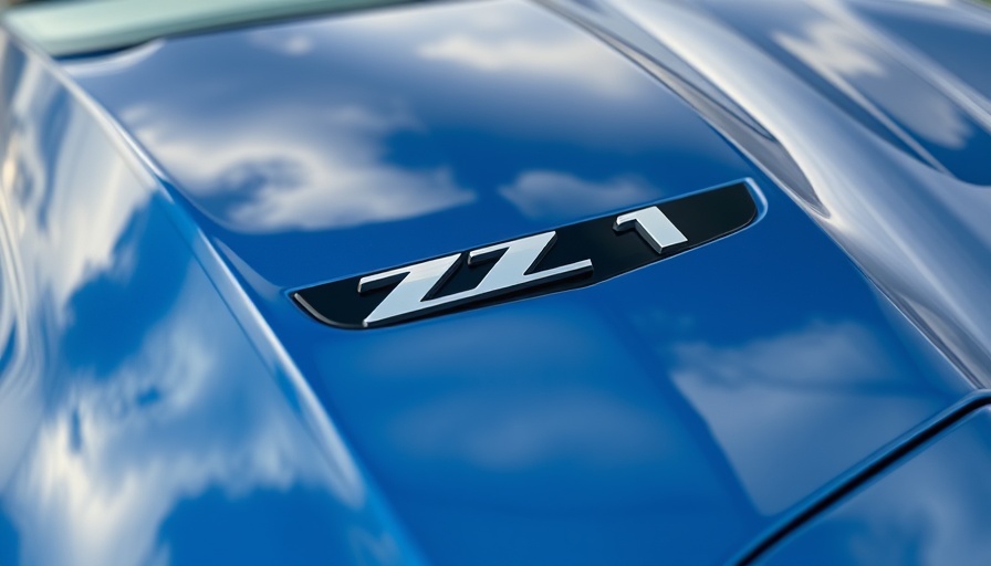 Close-up of ZL1 emblem on shiny blue car hood, reflecting sky.