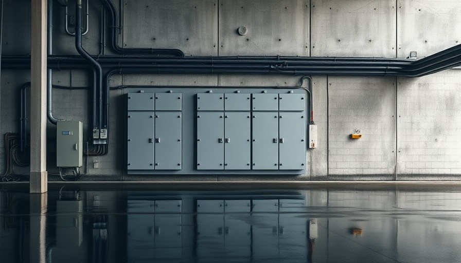 Commercial building with electrical panels and wet floor after windstorm