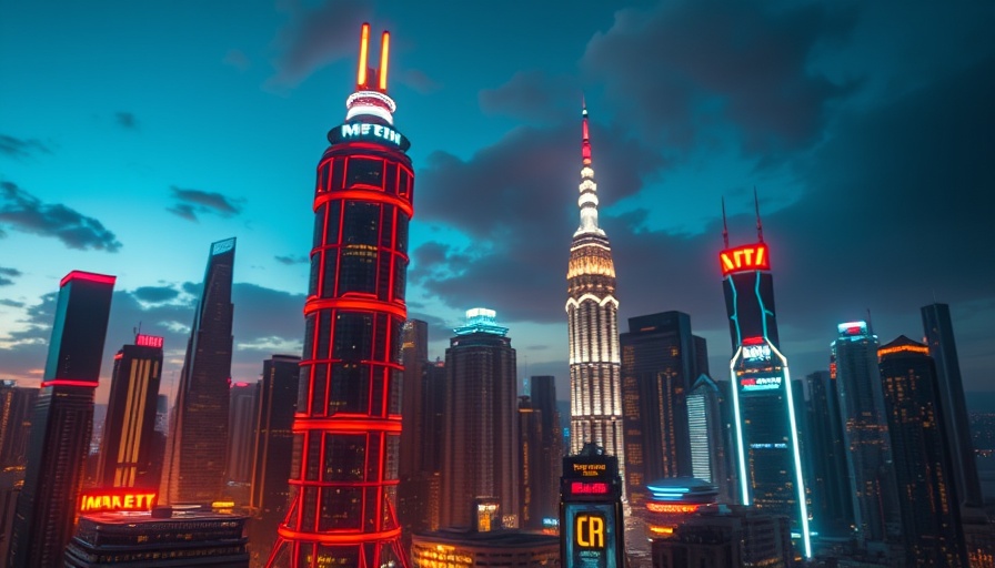 Futuristic cityscape with neon lights and text banner, representing insurance claim disputes.
