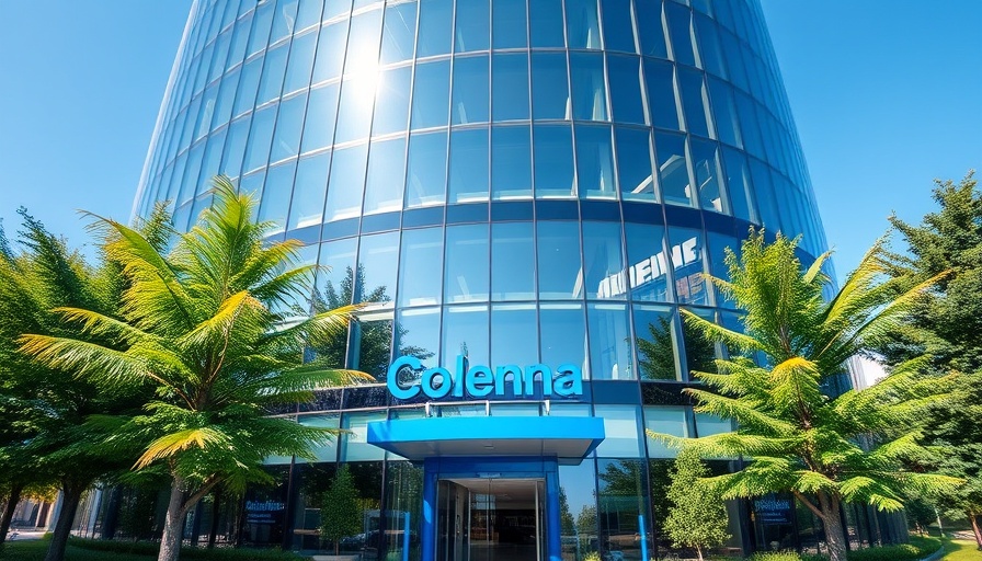 Corporate office entrance with blue sign and glass facade, clear sky.
