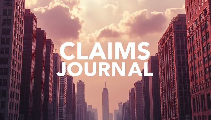 Urban skyline with 'Claims Journal' text overlay, sunset backdrop.