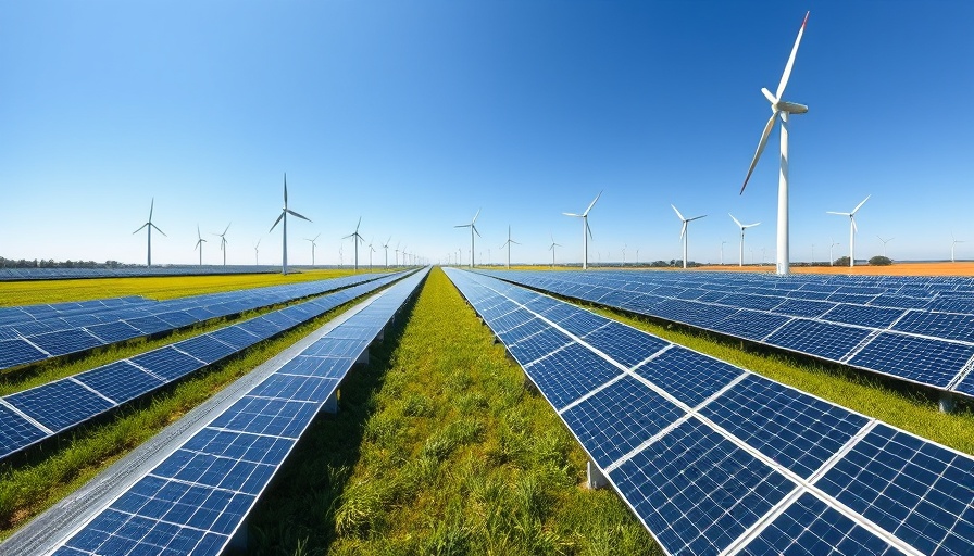 Renewable energy setup with solar panels and wind turbines under clear sky.