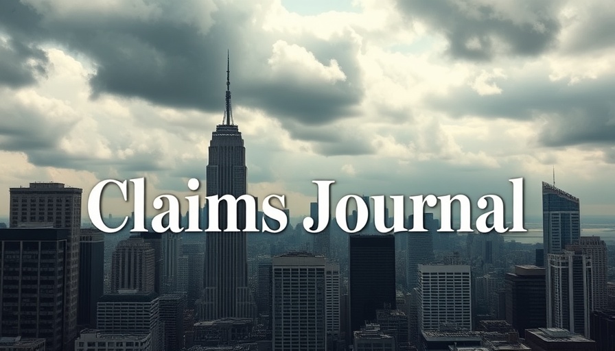 Urban skyline with 'Claims Journal' overlay, cloudy backdrop.