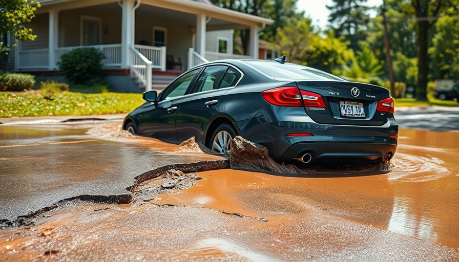 Flood and storm damage scene showing a car in a collapsed road with onlookers.