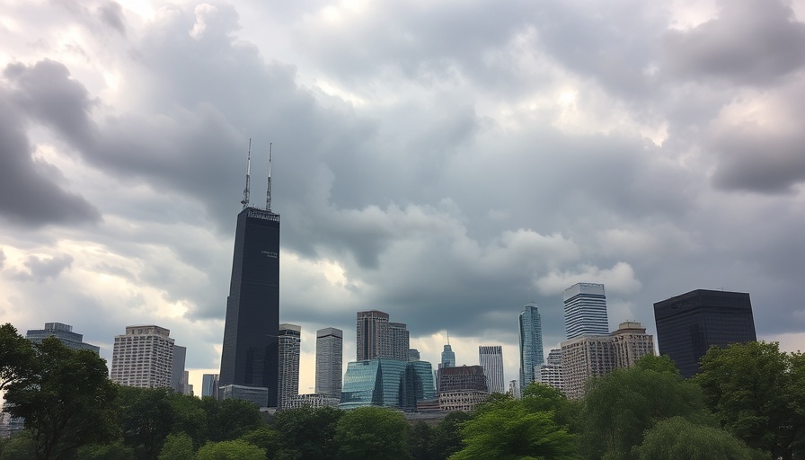 Dramatic sky over Chicago skyline, flood warning system relevance