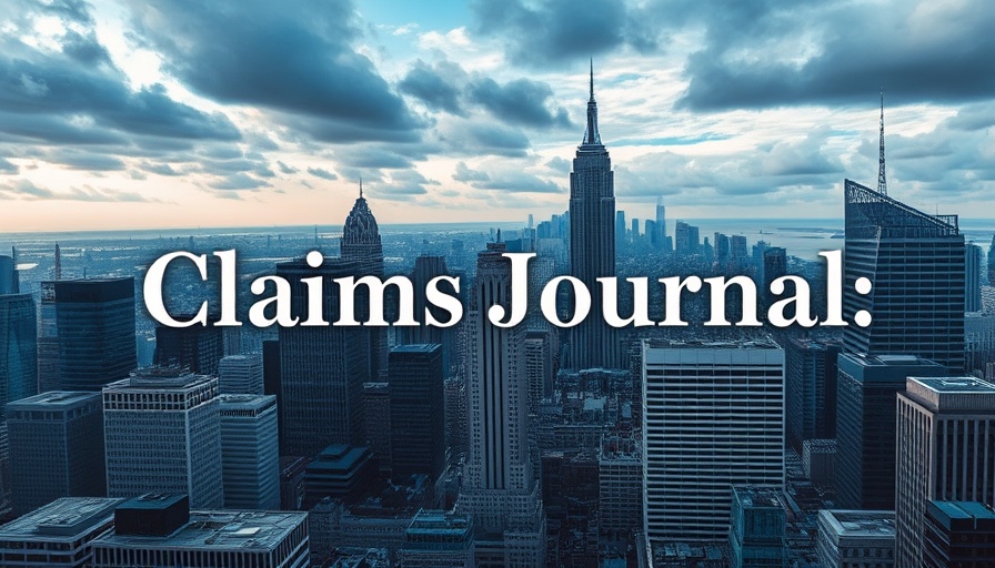 Modern cityscape with 'Claims Journal' logo, federal catastrophic reinsurance program theme.