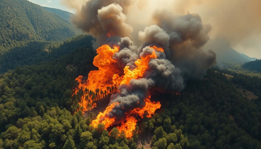 Aerial view of wildfire in a forest illustrating risk factors for wildfire insurance models.