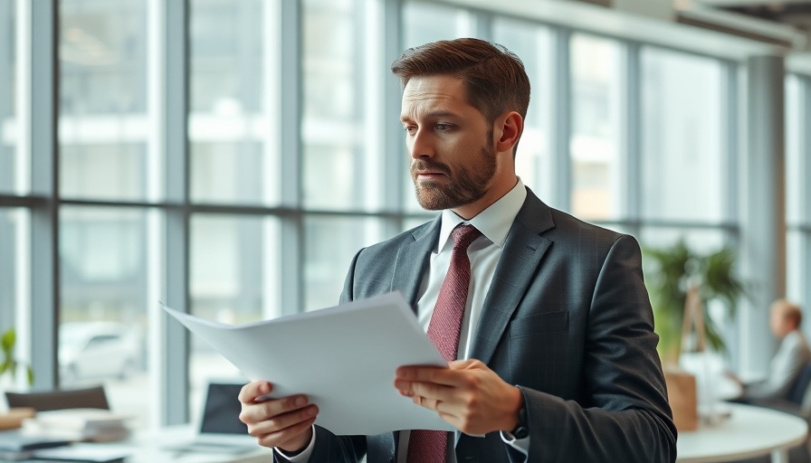 Thoughtful businessman reviewing documents in an office, related to insurance claims process.