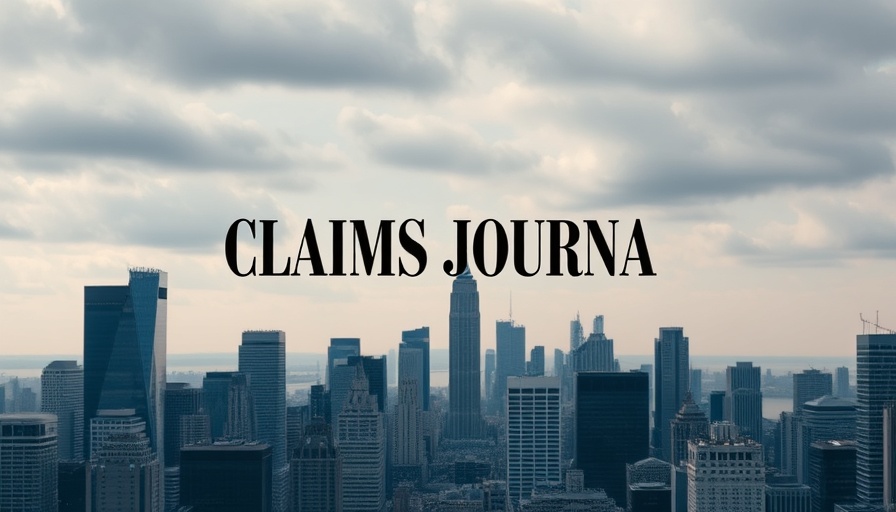 Claims Journal overlay on city skyline, insurance claim process context.