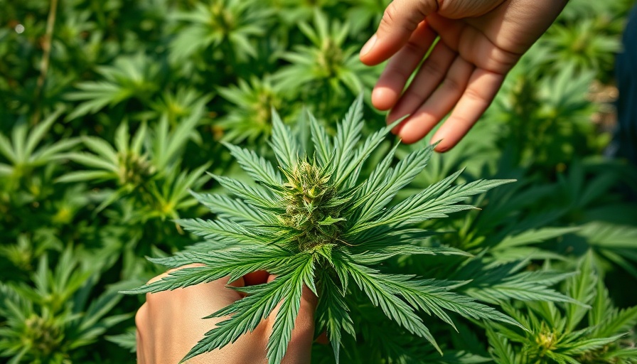 Person inspecting cannabis plant, outdoor setting reflecting Texas THC product regulations.