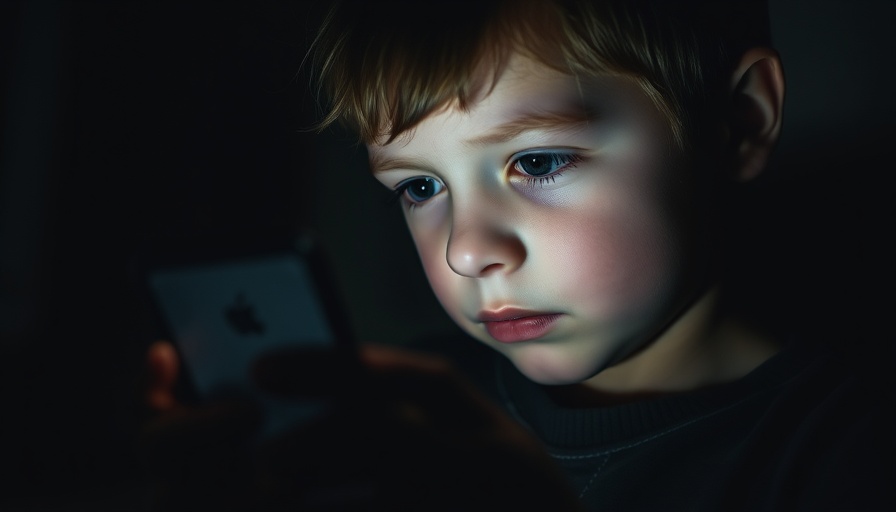 Young boy in dark room looking at smartphone, impact of chatbots on children