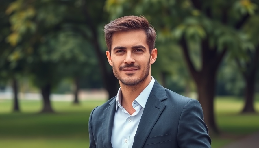 Man in suit standing confidently with greenery background