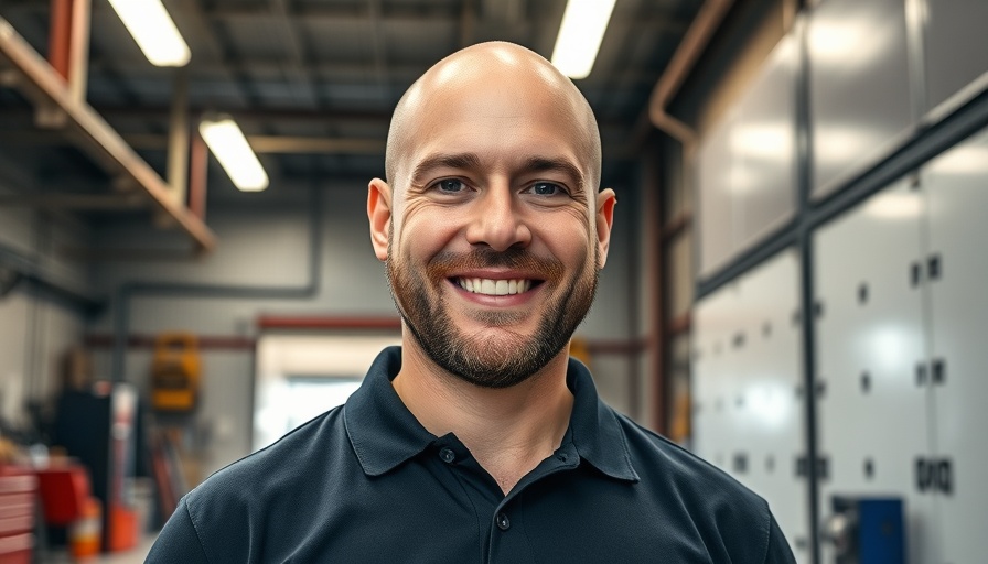 Bald man smiling in industrial garage highlighting consumer rights and insurance control.