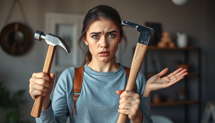 Confused woman with a hammer comparing general contractors vs public adjusters.