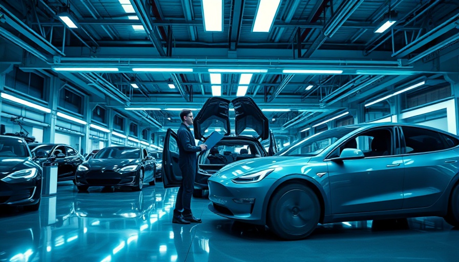 Engineer examining Tesla Model Y in bright automotive facility