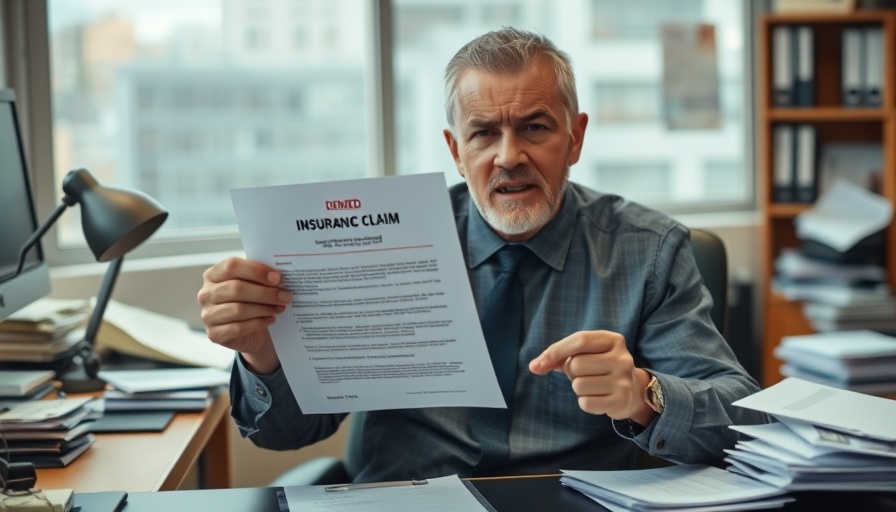Frustrated man with denied insurance claim at desk.