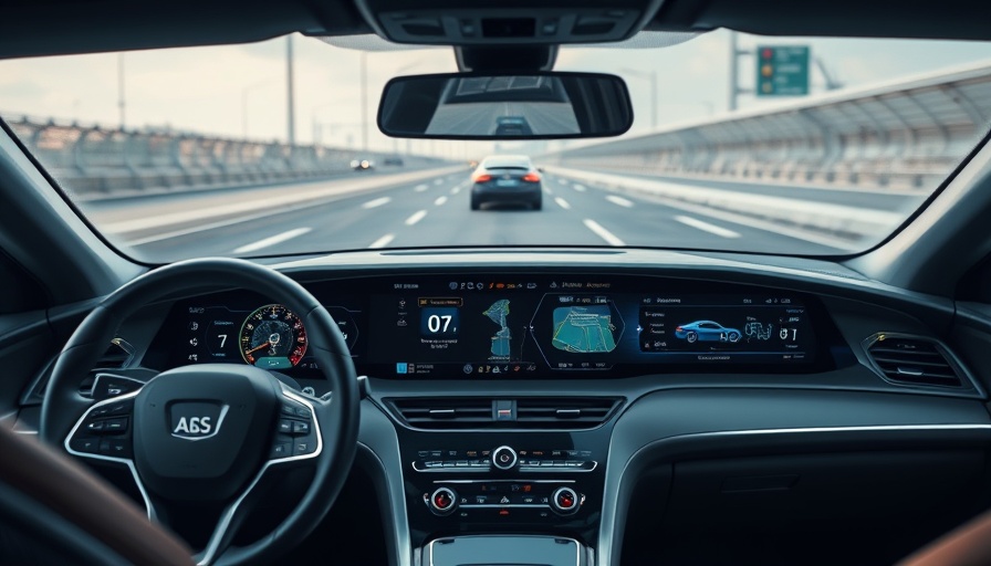 Car interior with ADAS technology displayed on a futuristic dashboard.