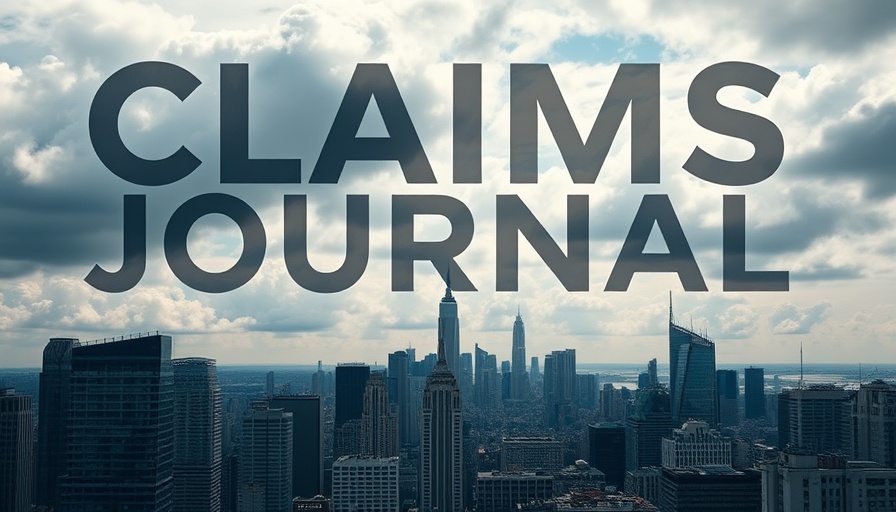 Modern cityscape with 'CLAIMS JOURNAL' text overlay for insurance claim process.