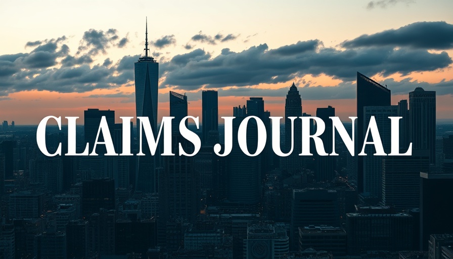 Urban skyline with Claims Journal text, insurance claims process theme.