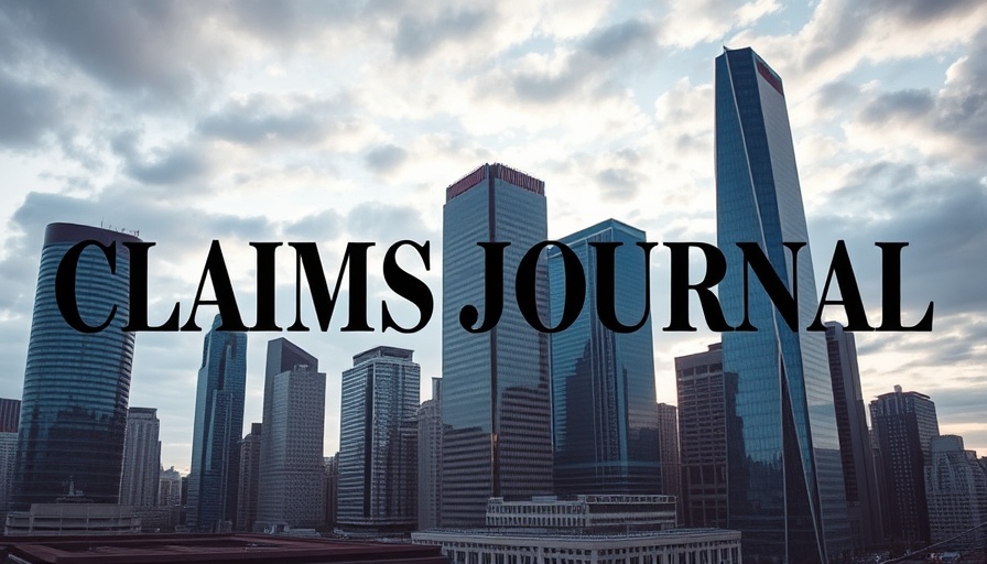 Urban skyline with Claims Journal overlay, insurance claims process theme.