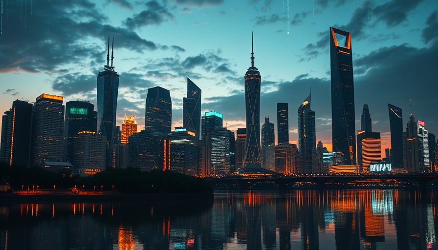 Futuristic cityscape with digital overlays representing a non-weather water risk model.