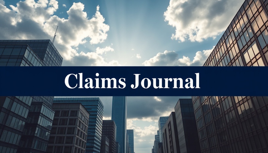 Insurance claim process visualized with cityscape and 'Claims Journal' banner.