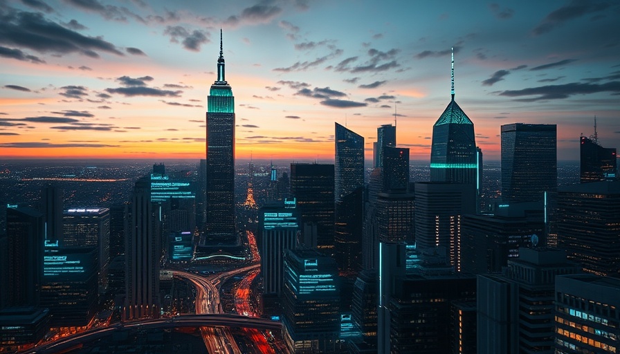 Futuristic skyline with glowing data overlay, DB Insurance acquisition of Fortegra context.