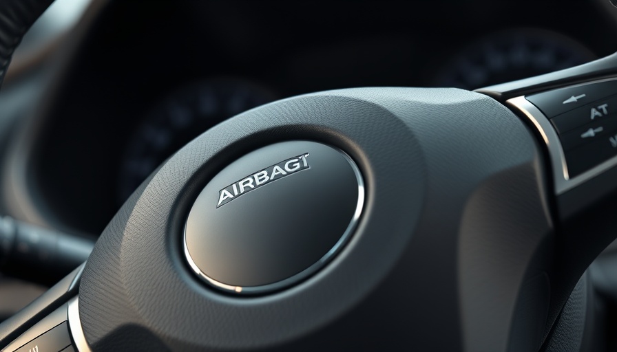 Close-up of car steering wheel with airbag detail in modern vehicle interior.