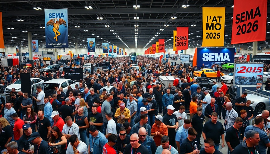 SEMA Show 2025 crowd showcasing innovations, lively convention.