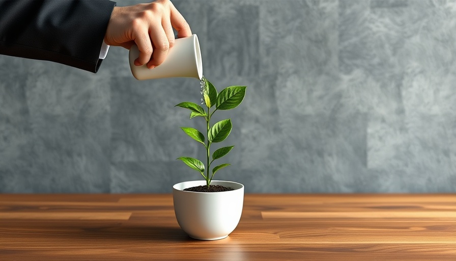 Hand in suit watering arrow-shaped plant for growth in insurance claims processing.