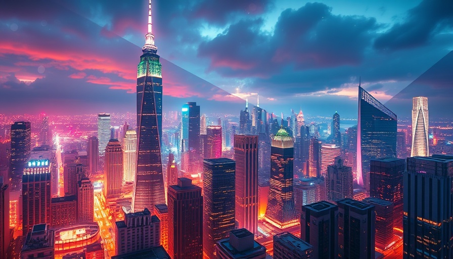Futuristic cityscape with digital trends overlay on insurance settlement.