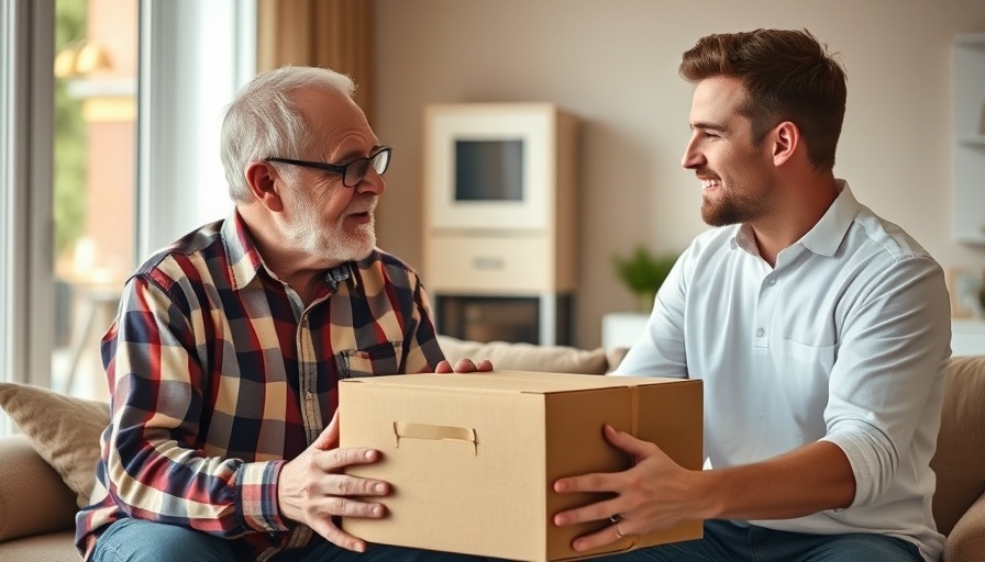 Elderly man and younger man discussing insurance claim denial while holding box.
