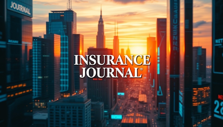 Futuristic cityscape with Insurance Journal logo, representing insurance claim disputes